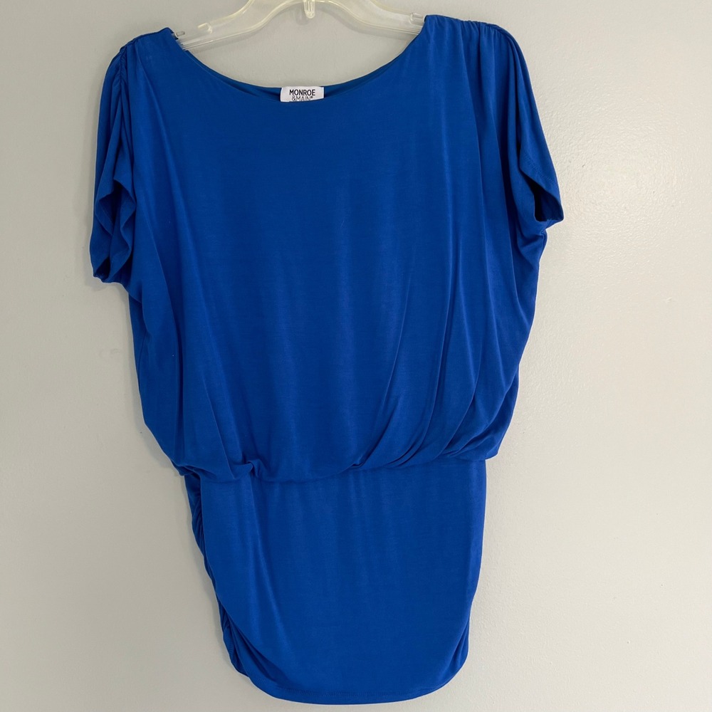 Monroe & Main Royal Blue Ruched Blouson Tunic Top Short Sleeve Boat Neck Medium